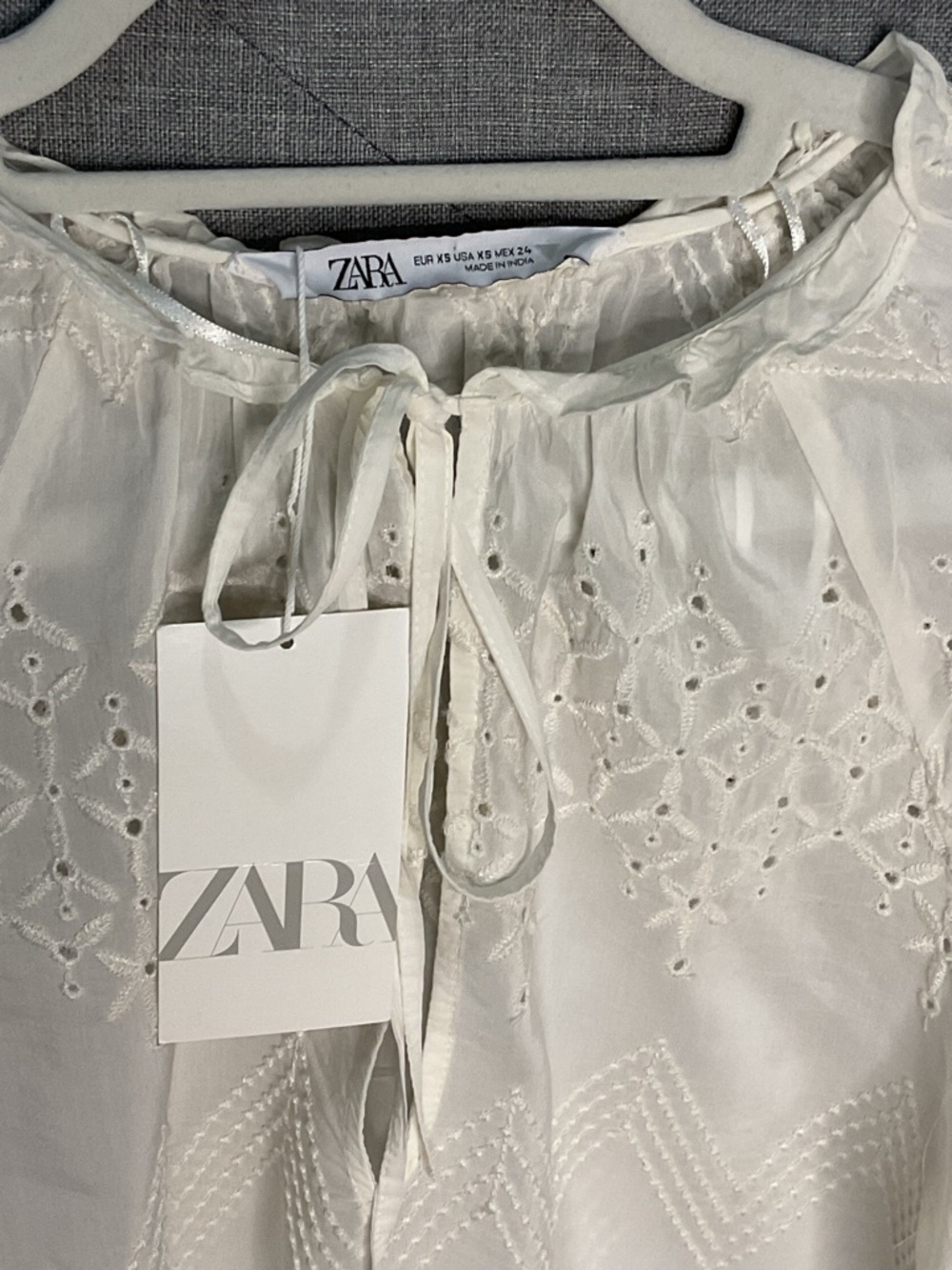 Zara White Embroidered Eyelet Bell Sleeve Boho Blouse NWT XS - Picture 9 of 10
